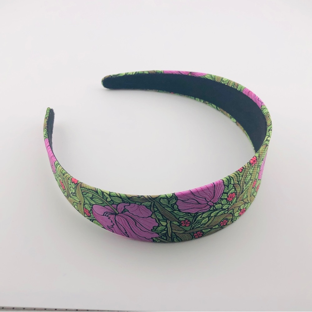 Silk Headband, New, Handmade - Light Pink Flower, Green Background Pattern